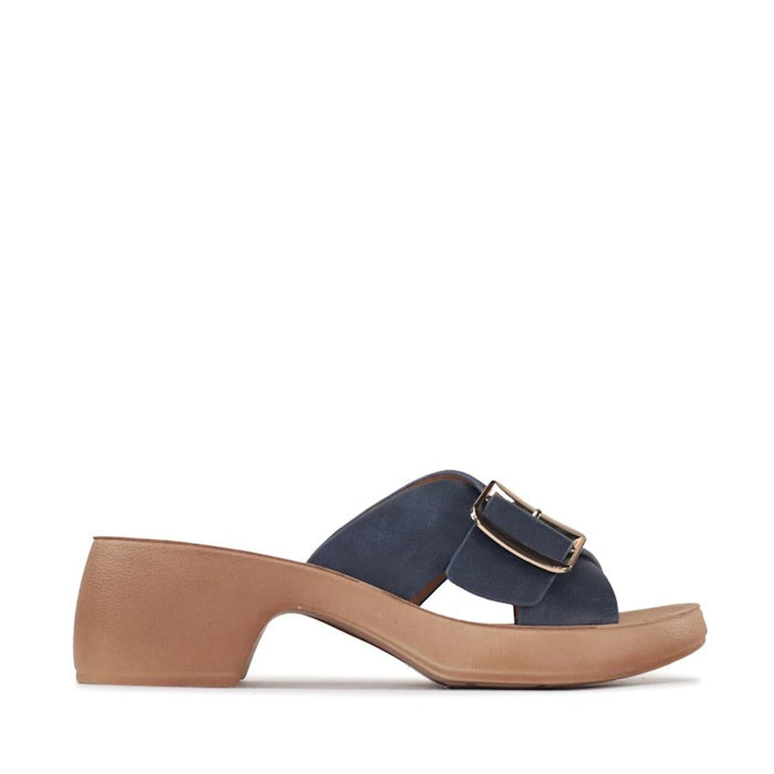 The Los Cabos Alegro Navy Wedge Platform Women's Sandals feature a tan low block heel, wide navy blue strap with a large gold buckle, open toe and back design, and an adjustable strap for the perfect fit., 9321191292526, 9321191292533, 9321191292540, 9321