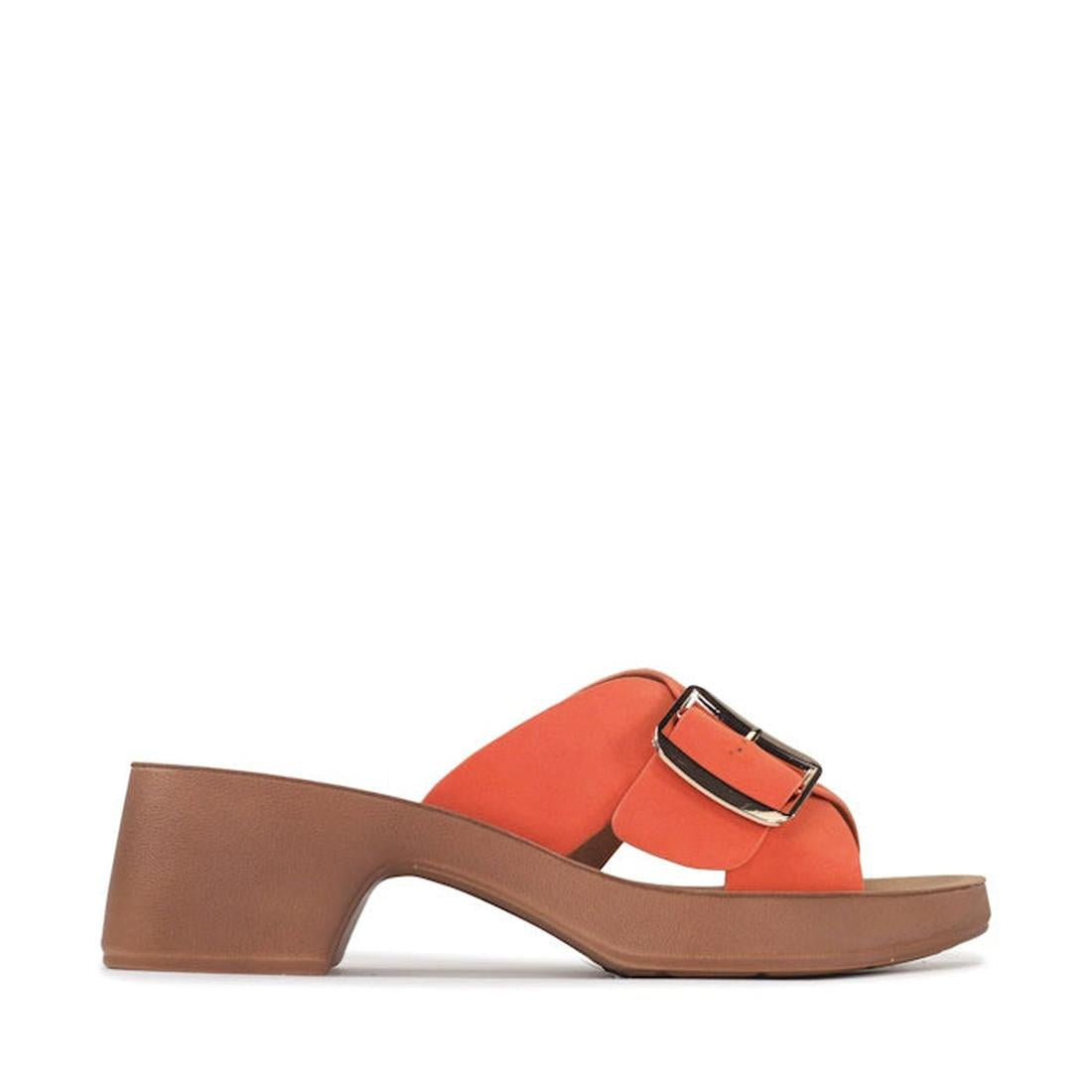 The Los Cabos Alegro Tangerine Wedge Platform Sandal is a single orange vegan sandal with a wide strap, large gold buckle, adjustable strap, and low brown block heel, displayed on a plain white background., 9321191292595, 9321191292601, 9321191292618, 932