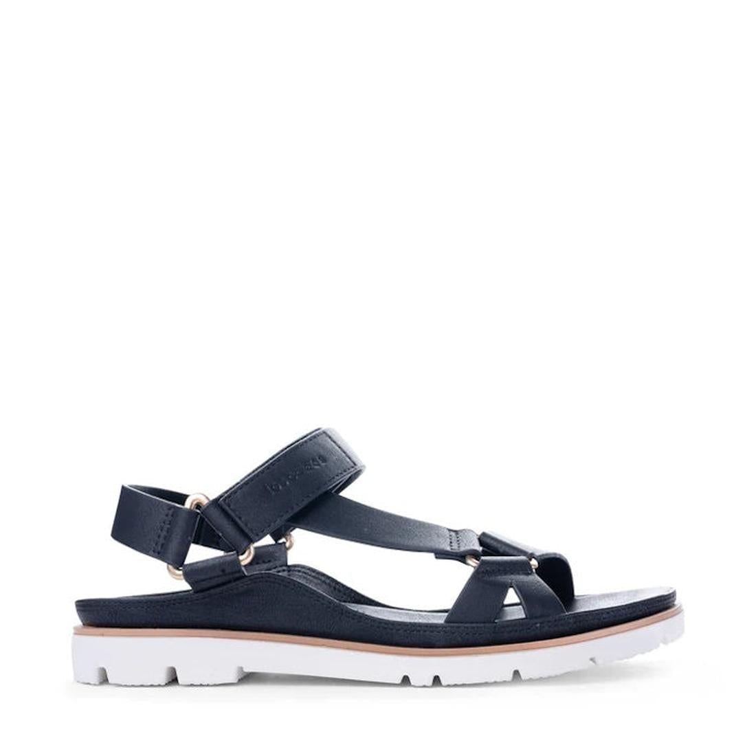 The Los Cabos Ashanti Black Sandal With Back Strap features adjustable ankle and toe straps, a vegan leather upper, cushioned footbed, white rubber sole, and a low heel, displayed in side profile on a white background., 9321191293912, 9321191293929, 93211