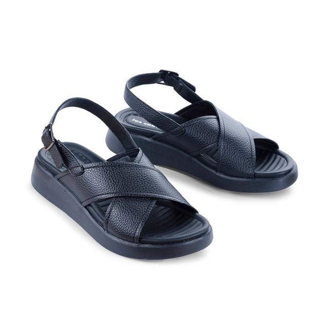 The Los Cabos Bogota Black Women's Summer Sandal features vegan leather, thick crisscross straps, open toe, adjustable ankle buckles, and a back strap—perfect for summer. Displayed on a white background., 9321191295107, 9321191295114, 9321191295121, 93211