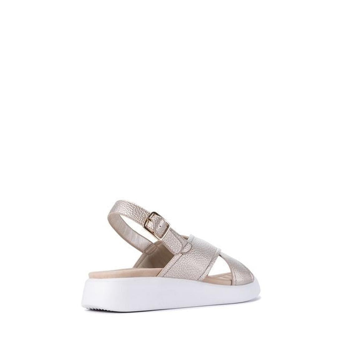 The Los Cabos Bogota Gold Womens Summer Sandal Back Strap features metallic gold crisscross vegan leather straps, an adjustable buckle, open toe, and a thick white sole—stylish and comfortable for summer., 9321191295251, 9321191295268, 9321191295275, 9321