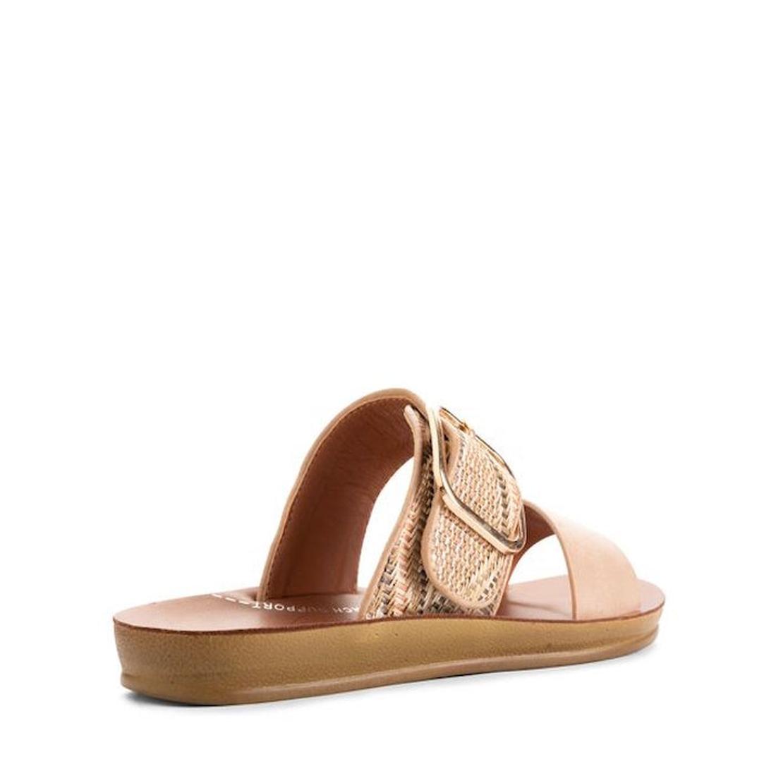 The Los Cabos Doti Taupe Multi Light Flexible Sandal is a women's tan slip-on with a cushioned sole, woven strap, decorative buckle, and open toe, shown from the back left on a plain white background. Perfect for everyday summer comfort., 9321191300368, 9