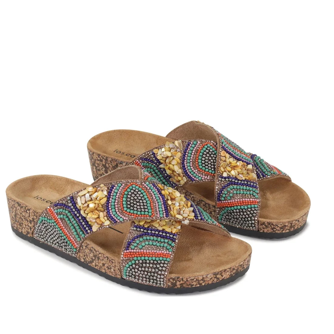 Step into resort-ready style with the Los Cabos Capri Women’s Criss Cross Strap Slides Multi—featuring embellished crisscross straps adorned with vibrant beads and stones in intricate patterns, and comfortable cork soles., 9321190004847, 9321190004854, 93