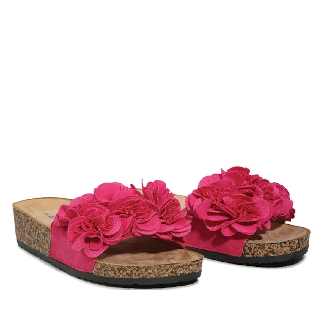 The Los Cabos Corsage Fuchsia Flower Women’s Slides in Hot Pink feature cork soles, vibrant pink fabric straps, and bold pink floral embellishments on top—making them a playful statement piece for every step., 9321191253824, 9321191253831, 9321191253848,