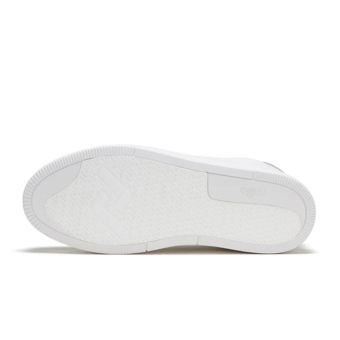 The image shows the white anti-slip rubber outsole of the Rollies Womens Court Club All White Leather Trainer, featuring a subtle textured pattern and a small brand logo near the heel., 9781760768737, 9781760768744, 9781760768751, 9781760768768, 978176076