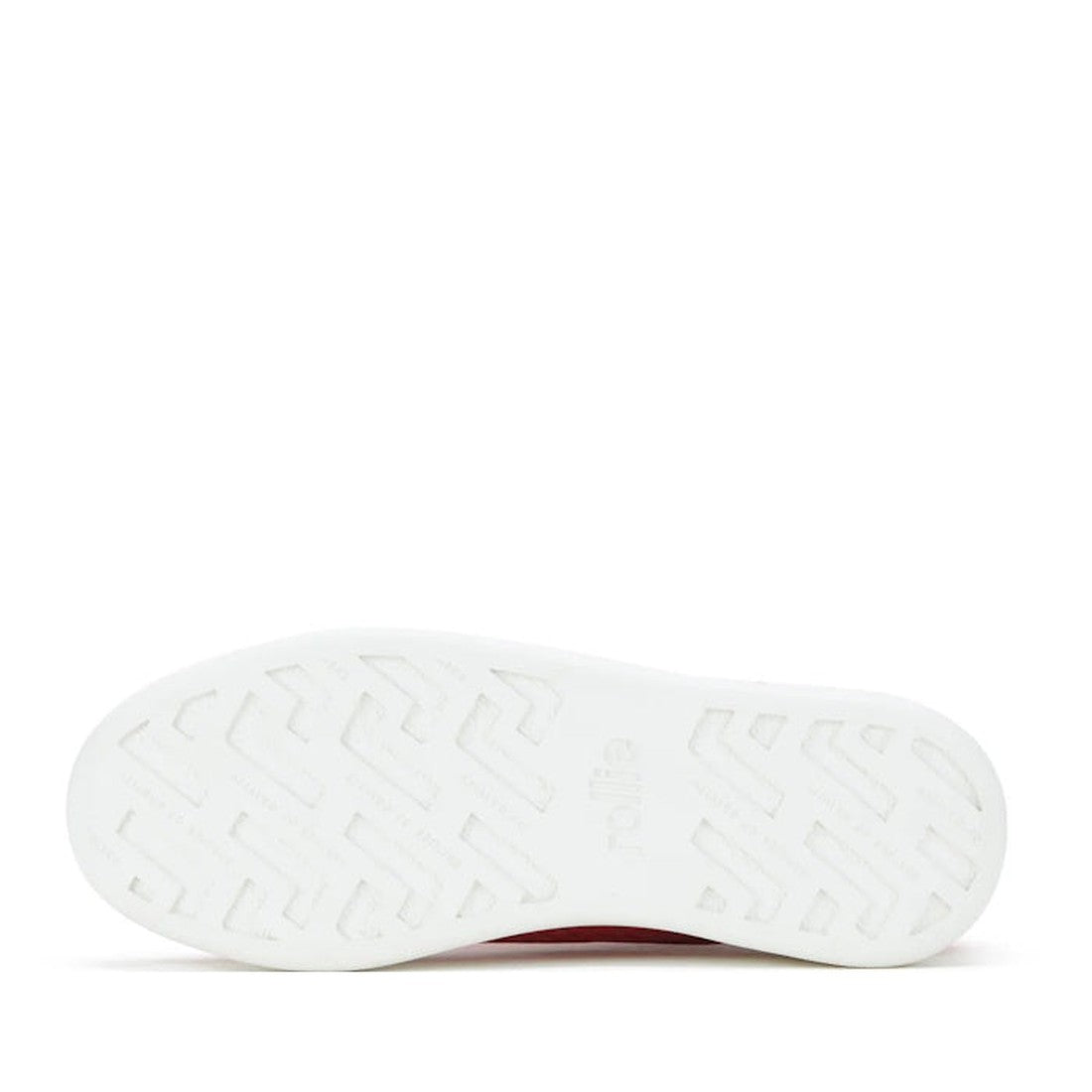 The image shows the bottom view of a white sole with a textured geometric pattern and the Rollie logo, highlighting the ultralight Rollie Womens Derby City Punch Red Leather Trainer. The background is plain white., 9781760775599, 9781760775605, 9781760775