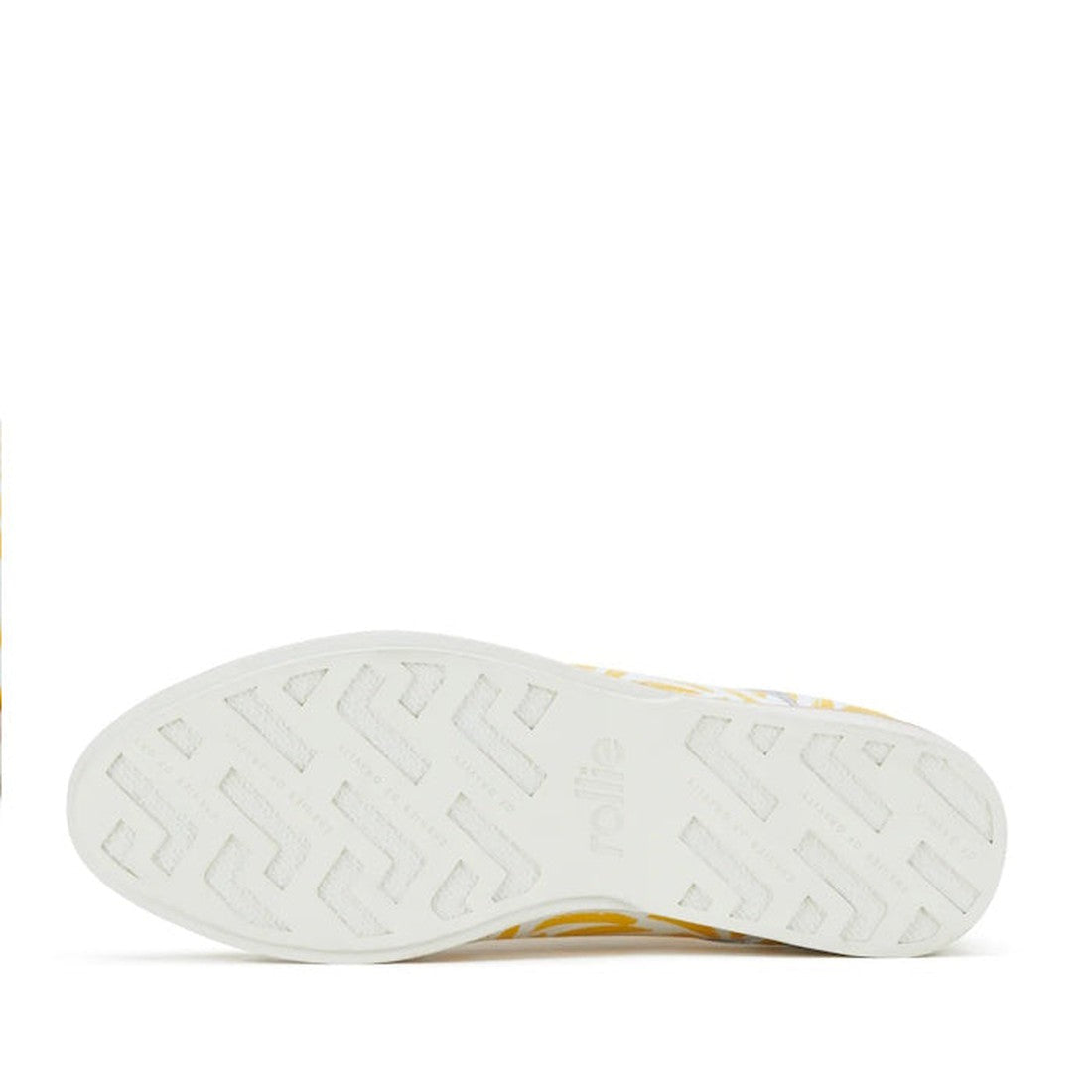 The image displays the white sole of the Rollie Womens Derby Sunshine Splash Leather Shoe, featuring a subtle zigzag tread and "rollie" embossed at the center. The edges suggest a vibrant upper, typical of this comfort-focused Derby design., 9781760774783