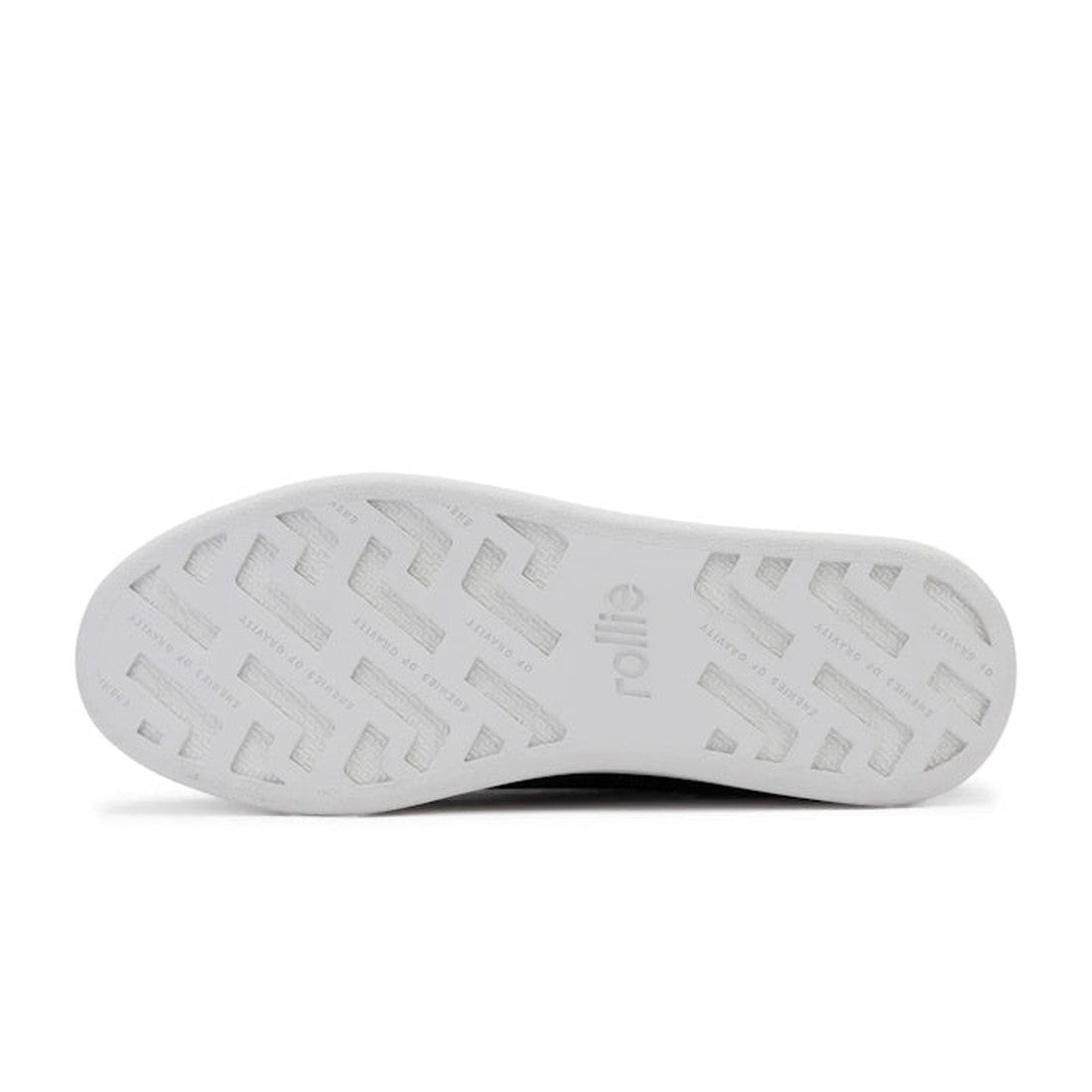 The image displays the white sole of the Rollie Womens Derby City Punch Black Leather Trainer, featuring zigzag tread patterns and "rollie" embossed at the center, photographed against a plain white background., 9339554259628, 9339554259635, 9339554259642
