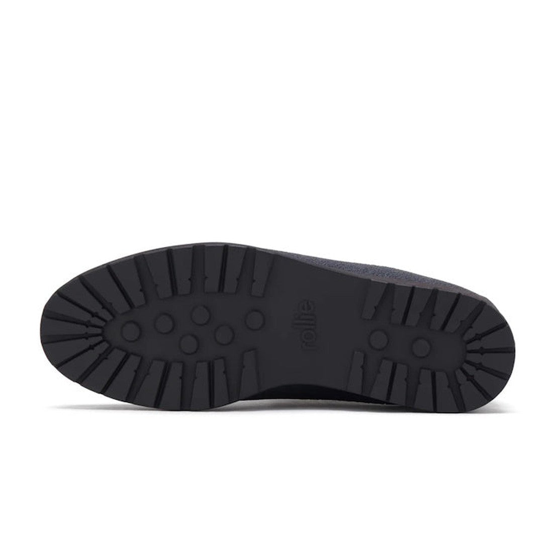 The image shows the black rubber sole of the Rollie Womens Fields Chelsea Waterproof Rubberised Black Leather Boot, viewed from below. The tread has thick patterned grooves, circular grips, and "rolle" embossed near the center., 9339554341965, 93395543419