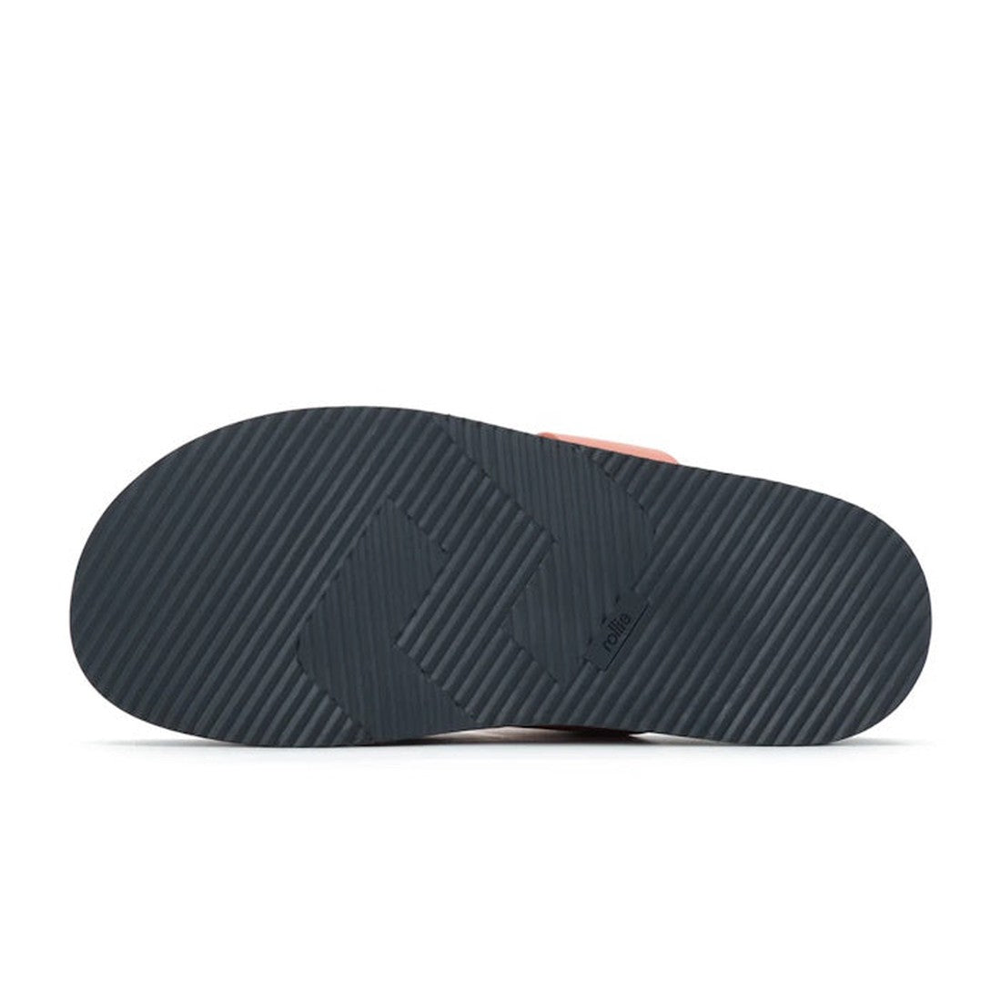 The image displays the bottom view of the Rollie Womens Rhodes Cross Slide Tangerine Leather sandal, highlighting its textured dark rubber sole with diagonal grooves and a geometric grip pattern in the center for added arch support., 9781760767389, 978176