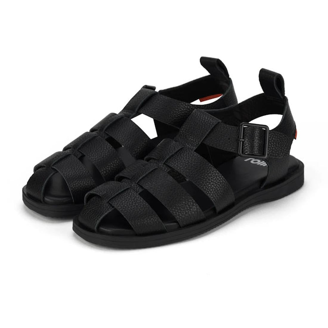A pair of Rollie Fisherman Black sandals with woven straps showing side view on a white background.,
9781760777722,
9781760777739,
9781760777746,
9781760777753,
9781760777760,
9781760777777,, 9781760777722, 9781760777739, 9781760777746, 9781760777753, 978