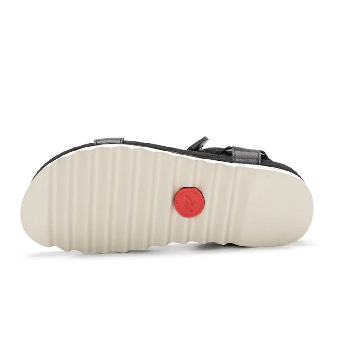 The image displays the sole of the Rollie Womens Sandal Tooth Wedge Black, featuring a white, ribbed EVA sawtooth outsole and a small red circular detail near the heel., 9339554310381, 9339554310398, 9339554310404, 9339554310411, 9339554310428