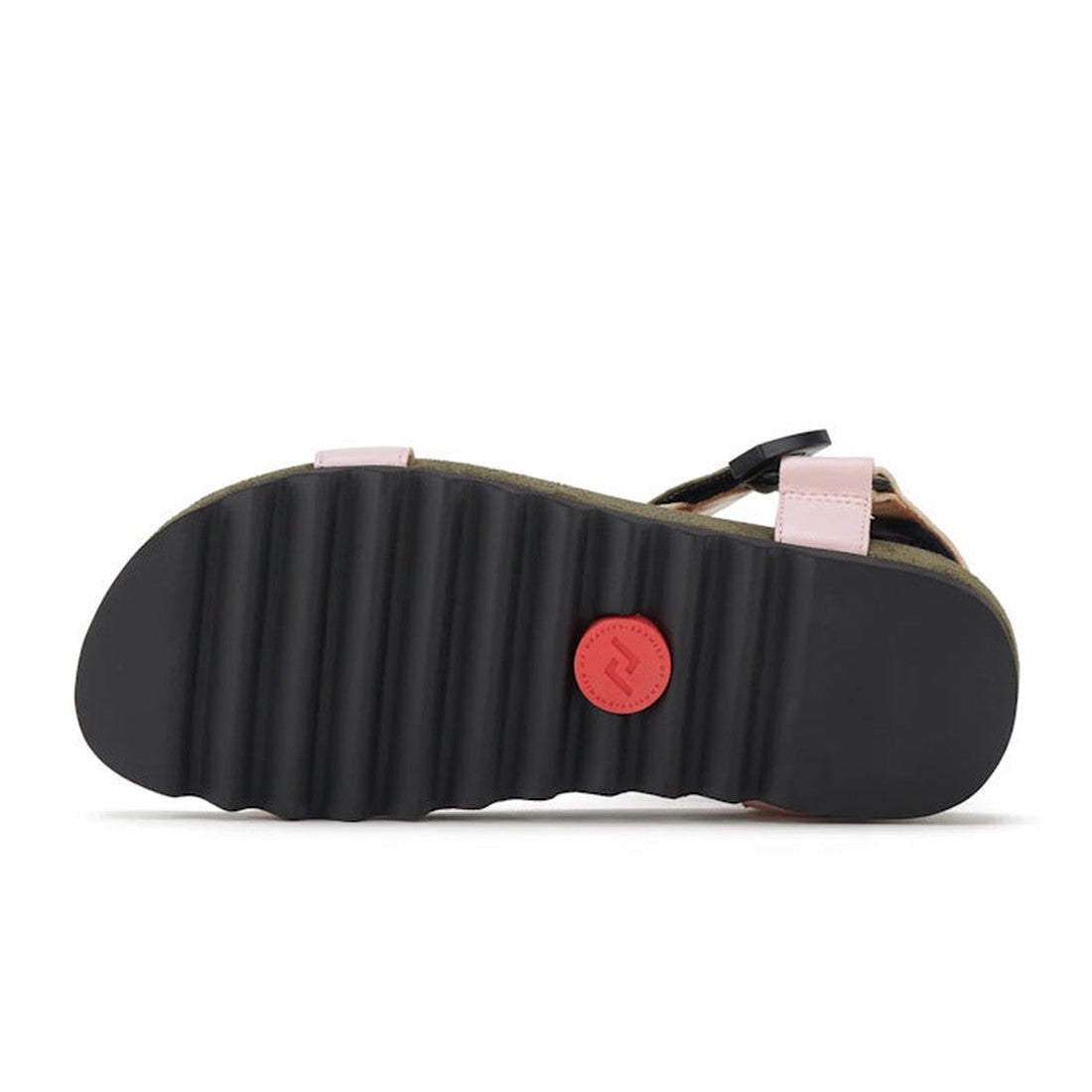 The Rollie Womens Sandal Tooth Wedge Blush Camo features a black EVA sawtooth wedge outsole with a red circular logo near the arch and pink and black adjustable sheep leather straps on the upper., 9339554326726, 9339554326733, 9339554326740, 9339554326757