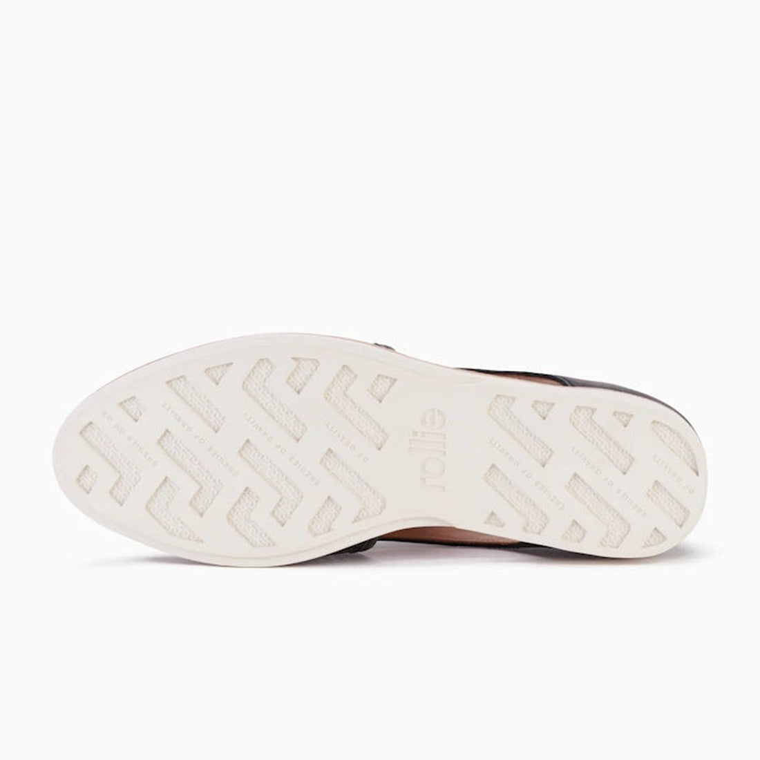 The image displays the white rubber sole of the Rollie Womens Sidecut Punch Black Leather Shoe, featuring a textured zigzag tread pattern. Cushy EVA midsoles enhance comfort. The background is plain white., 9339554249179, 9339554249186, 9339554249193, 933