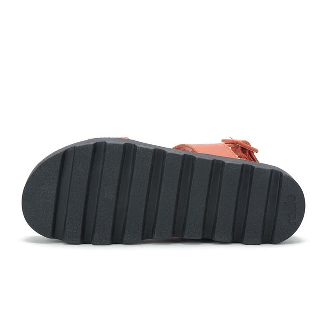 The image shows the bottom view of the Rollie Womens Zeze Wedge Strap Tangerine/Black Leather Sandal, featuring a thick black ridged sole and a partially visible brown upper section., 9781760767655, 9781760767662, 9781760767679, 9781760767686, 97817607676