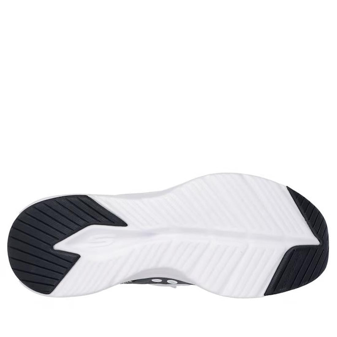 The image displays the sole of Skechers Women's Slip In Contour Foam Cozy Fit Trainers in white and black, featuring diagonal traction grooves, a central raised "S" shape, and contrasting black heel and toe sections., 197976962033, 197976962057, 197976962