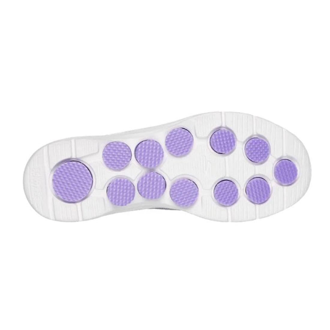 The image shows the white sole of the Skechers Womens Slip Ins GO WALK 7 Mia Grey Lavender, featuring multiple round, textured purple grip pads arranged across the bottom for traction., 38371, 38372, 197627364025, 197627364032, 197627364049, 197627364056,