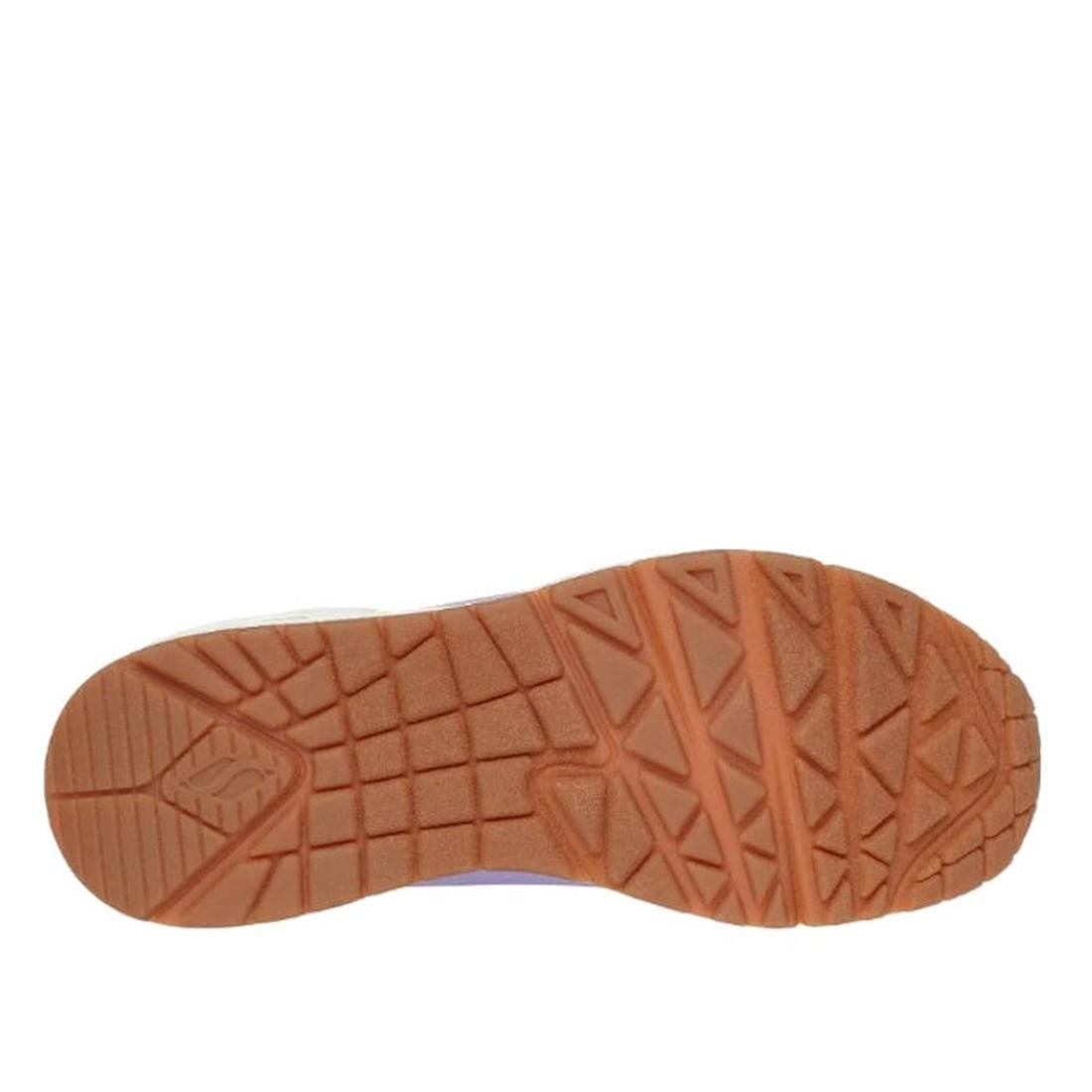 The image shows the sole of a Skechers Uno Shimmer Away Lilac Trainer Pull On with a brown rubber outsole featuring geometric traction patterns and grooves for grip., 38381, 38382, 197627487144, 38384, 197627487168, 38386, 197627487182, 38388, 38389, 3839