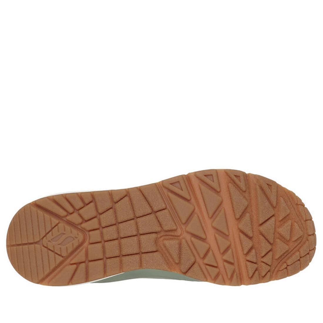 The image shows the bottom view of a Skechers Uno Shimmer Away Sage Trainer Pull On sole with textured brown rubber tread and geometric patterns for grip and traction., 38391, 38392, 197627201382, 38394, 197627201405, 38396, 197627201429, 38398, 38399, 38
