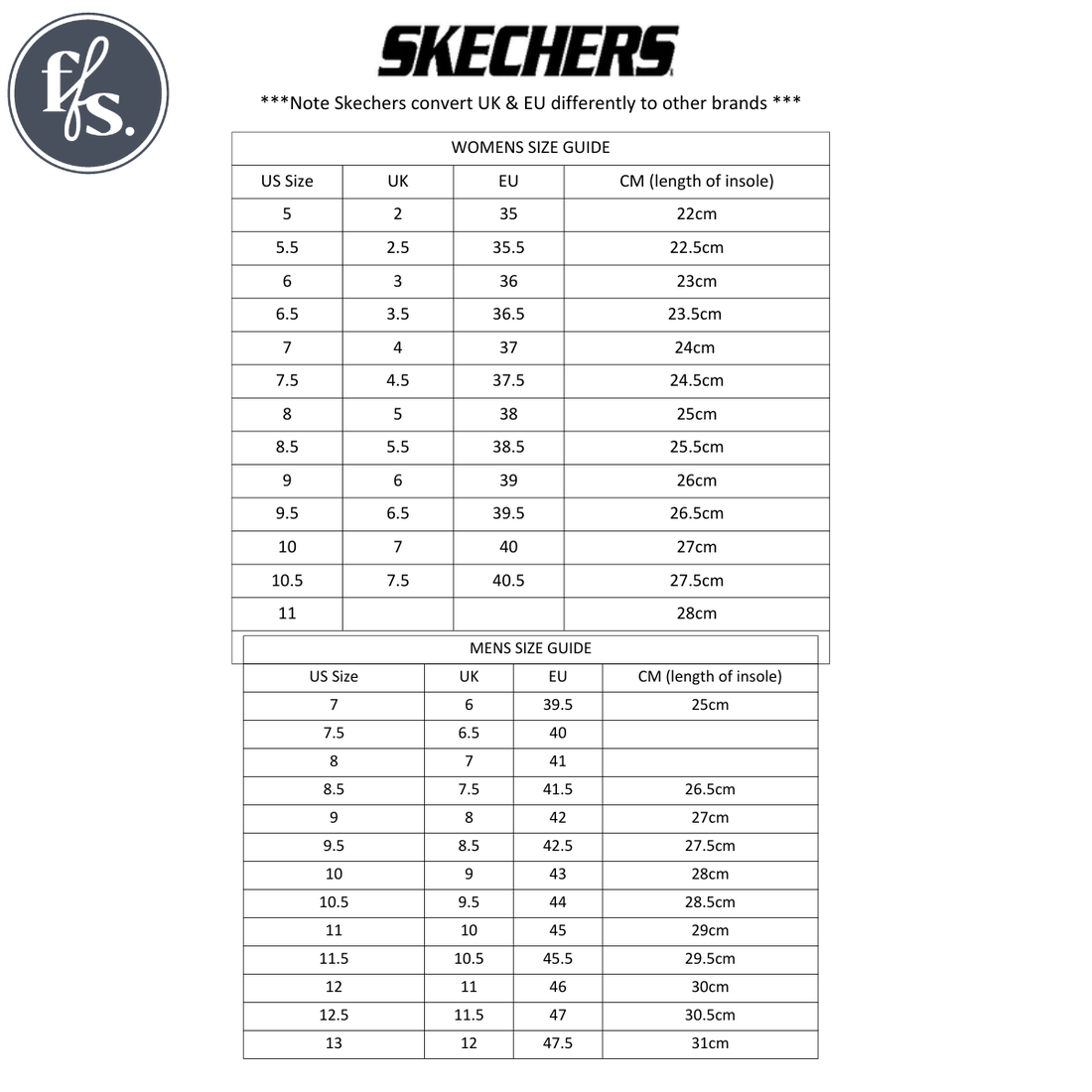 Skechers Uno Slip Ins Glide Step Glide On Air Women’s Blush Pink Trainer size conversion chart displaying US, UK, and EU sizes with corresponding insole lengths in centimeters for women. The chart covers shoe sizes and measurements for this popular style