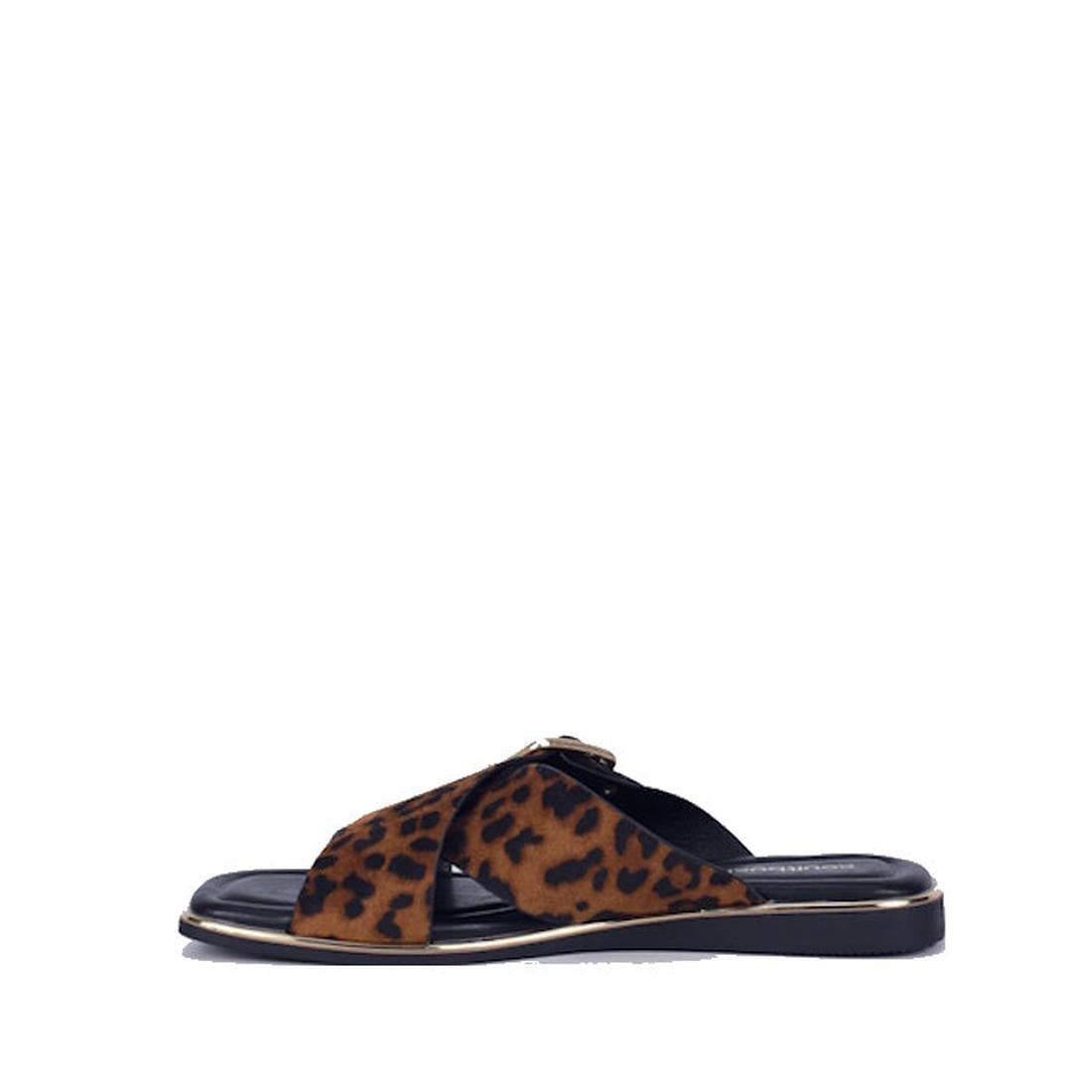 The Soultbush Luca Leopard Womens Sandal Slide features wide, crisscrossed leopard-print synthetic straps and a black sole accented with a slim metallic trim, making it an effortlessly stylish choice for warm-weather days., 9357649087888, 9357649087895, 9