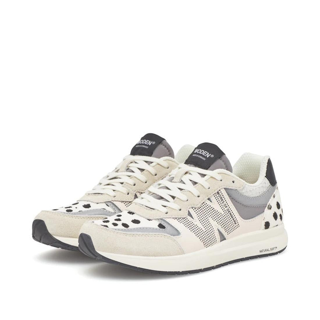 The Woden Rigmor Animal Damlation Lace Up Sneaker features beige, gray, and white animal print with black polka dots, black heel tabs, white laces, a mesh and suede finish, and a large N logo on the sides., 5713326695267, 5713326695274, 5713326695281, 571