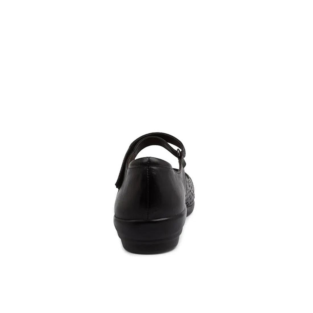 Rear view of the Ziera Daffodil W Womens Black Leather Sandal Shoe, a closed-toe style with a low wedge heel, single top strap, and removable super support footbed, set against a plain white background., 49107, 49108, 9355342051830, 9355342051687, 9355342
