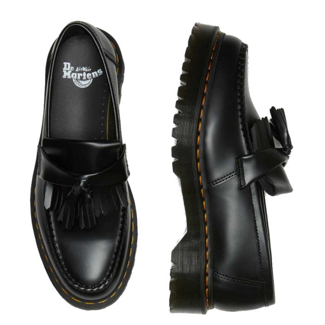 A pair of Dr Martens Adrian Bex Black Smooth Platform Loafer Shoes, featuring tassels, chunky ridged soles, signature yellow stitching, Goodyear-welted construction, and the Dr. Martens logo inside., 183681, 190665420241, 190665420166, 190665420173, 19066