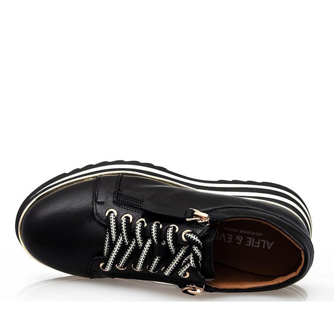 Alfie & Evie Hosting Women's Leather Shoe in black and gold, with sturdy striped sole, patterned laces, and side zipper for easy wear. ksnz, 9353738178758, 9353738178765, 9353738178772, 9353738178789, 9353738178796, 9353738178802, 9353738178819
