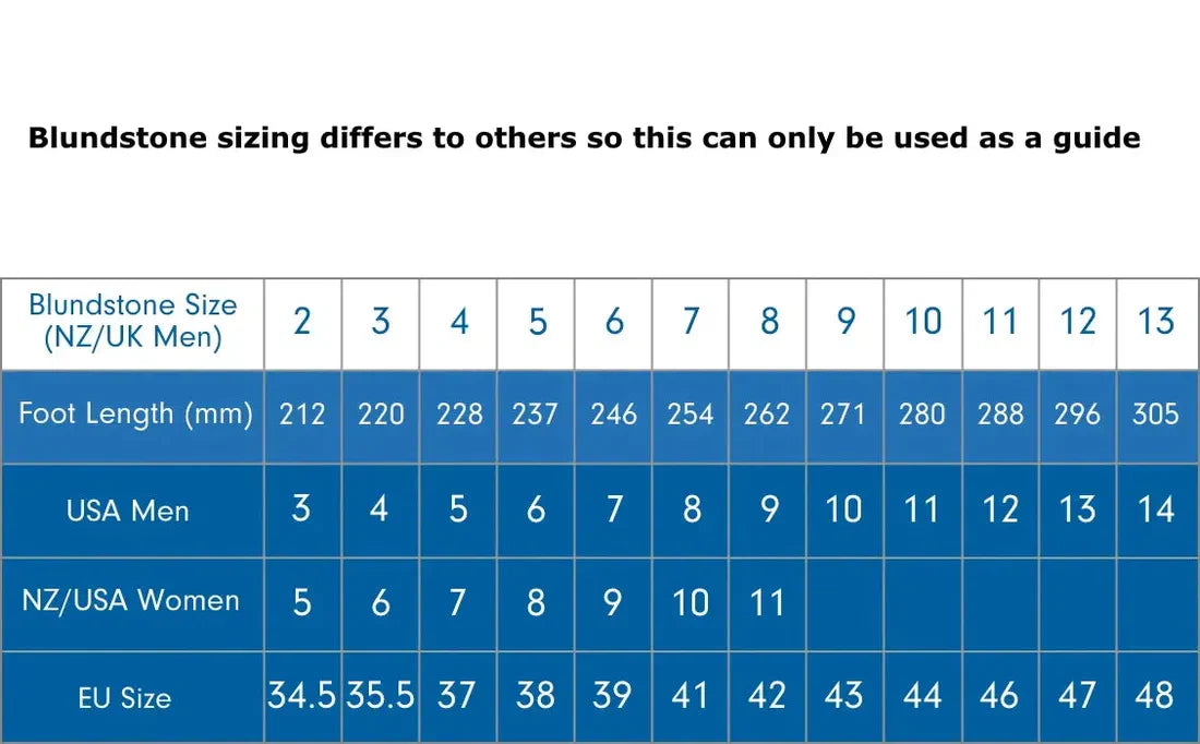 A size chart for the Blundstone 500 Chelsea Brown Boot Slip On Mens Womens covers NZ/UK men’s sizes 2–13, foot lengths (mm), USA men’s, NZ/USA women’s, and EU sizes. Note: sizing may differ from other brands or brown boots., 9315891068116, 9315891068123,