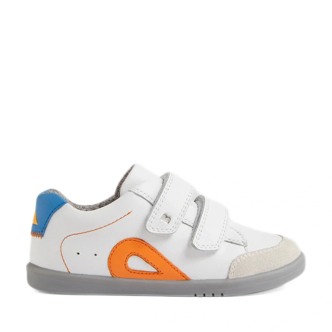 The Bobux IW Iwalk Blaze Toddlers Leather Sneaker in White Orange features a white leather upper with gray soles, orange and yellow accents, blue heel detailing, and two velcro straps. Crafted from quick-drying leather, these kids’ sneakers offer all-day