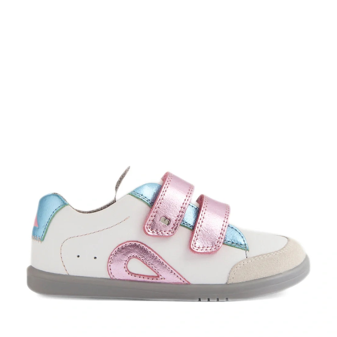The Bobux IW Iwalk Blaze Toddlers Leather Sneaker Pink Metallic is shown in a side profile on a white background. These stylish white leather sneakers for kids feature light blue and pink metallic accents, two pink Velcro straps, a gray sole, and a beige