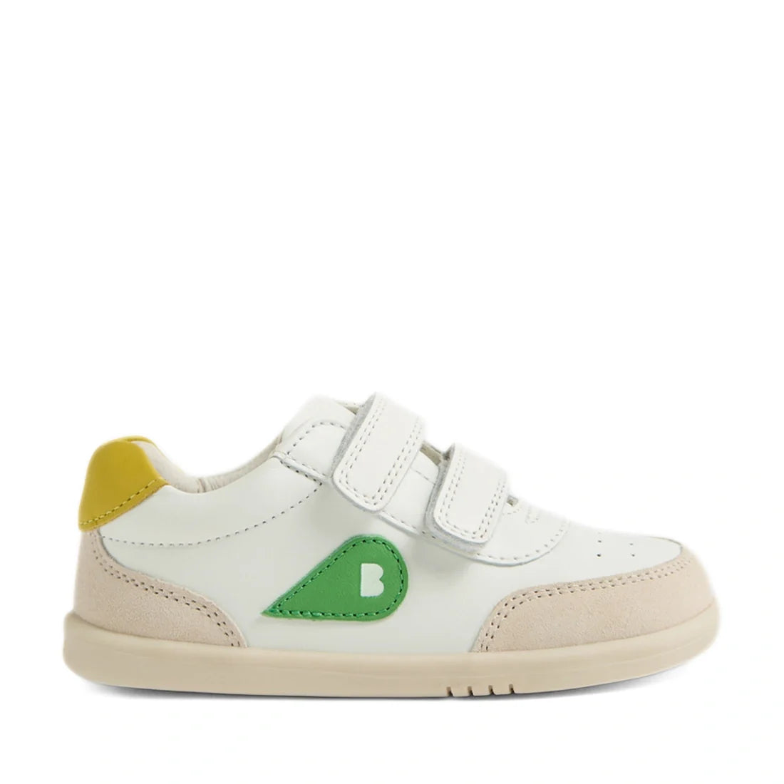 The Bobux IW Iwalk Toddlers Champ Leather Sneaker in White Green is displayed in profile on a plain background, featuring white leather, beige accents, a yellow heel detail, a green side logo, and two hook and loop straps., 9420074856609, 9420074856616, 9