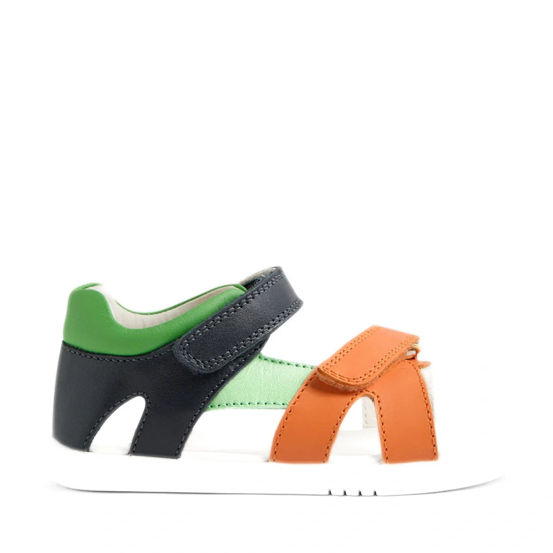 The Bobux IWalk Dune Toddlers Sandal Navy Open Toe features green, navy blue, and orange leather straps, a secure Velcro closure, and a comfortable white sole. Displayed against a white background, these adjustable leather sandals are perfect for little a