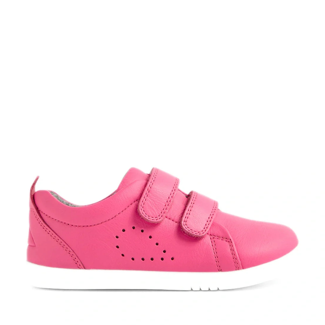 The Bobux Iwalk Toddlers Grass Court Pink Lemonade Leather Trainer is shown in a side view on a plain white background, featuring bright pink leather, two velcro straps, small perforated side details, and a white sole., 9420074806932, 9420074806949, 94200