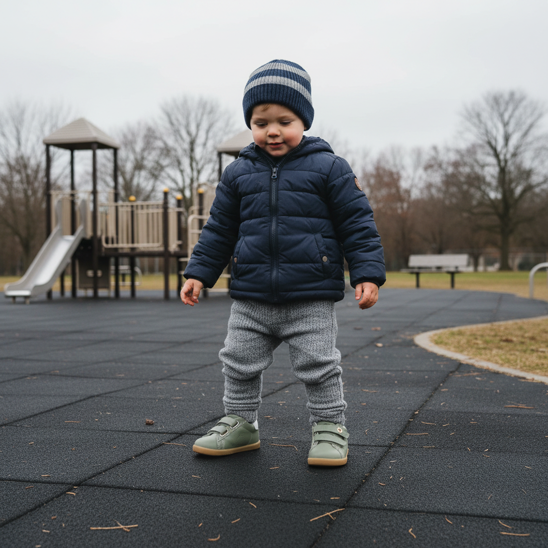 A toddler in a blue jacket, gray knit pants, and striped beanie stands on a playground wearing Bobux IW Iwalk Maverick Leather Sneaker Vetiver Green. The overcast sky and leafless trees complete the scene., 9420074836427, 9420074836434, 9420074836441, 942