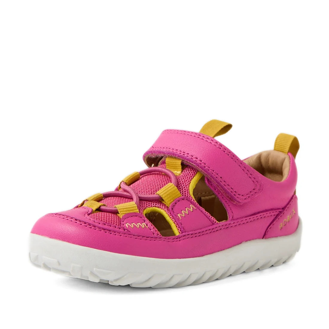 The Bobux IW Iwalk Rocky Rose Violet Bright Pink Closed Toe Sandal Barefoot is a vibrant children’s sandal featuring a bright pink hue with yellow accents, a white sole, and an easy-to-use Velcro strap. Designed in the barefoot style, it includes cut-out