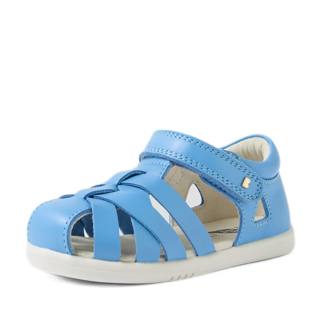 The Bobux Iwalk IW Tropicana II Baltic Sea Blue Leather Sandal is a light blue open-toe style for children, inspired by the classic Tropicana design. Featuring multiple straps with a secure hook-and-loop fastening, a white sole, and crafted from leather,