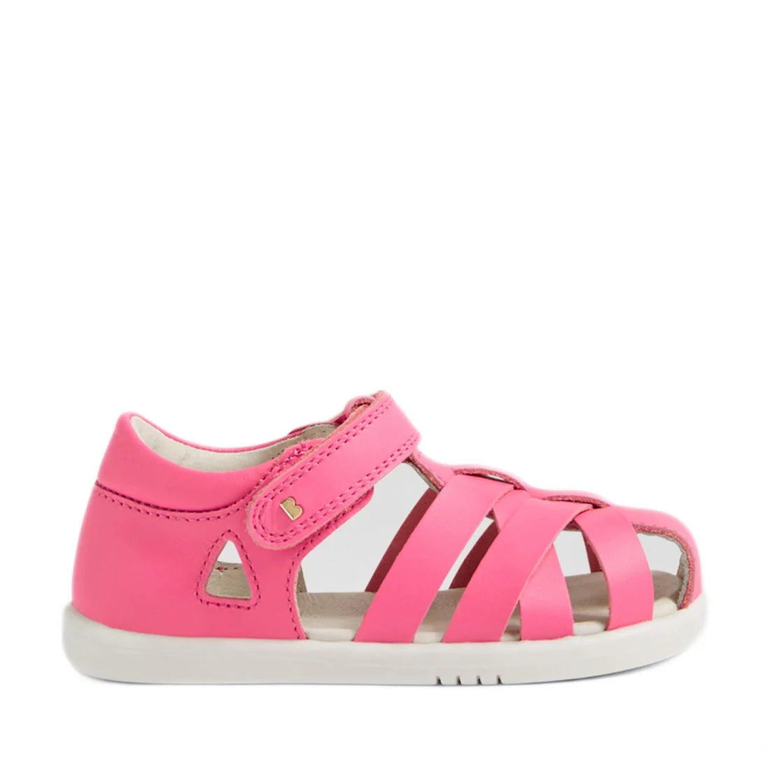 Introducing the Bobux Iwalk IW Tropicana II Pink Lemonade Leather Sandal, a vibrant pink children’s sandal from the Bobux collection. This style features multiple leather straps, a closed heel, open toe design, and a white sole. For easy fastening, it inc