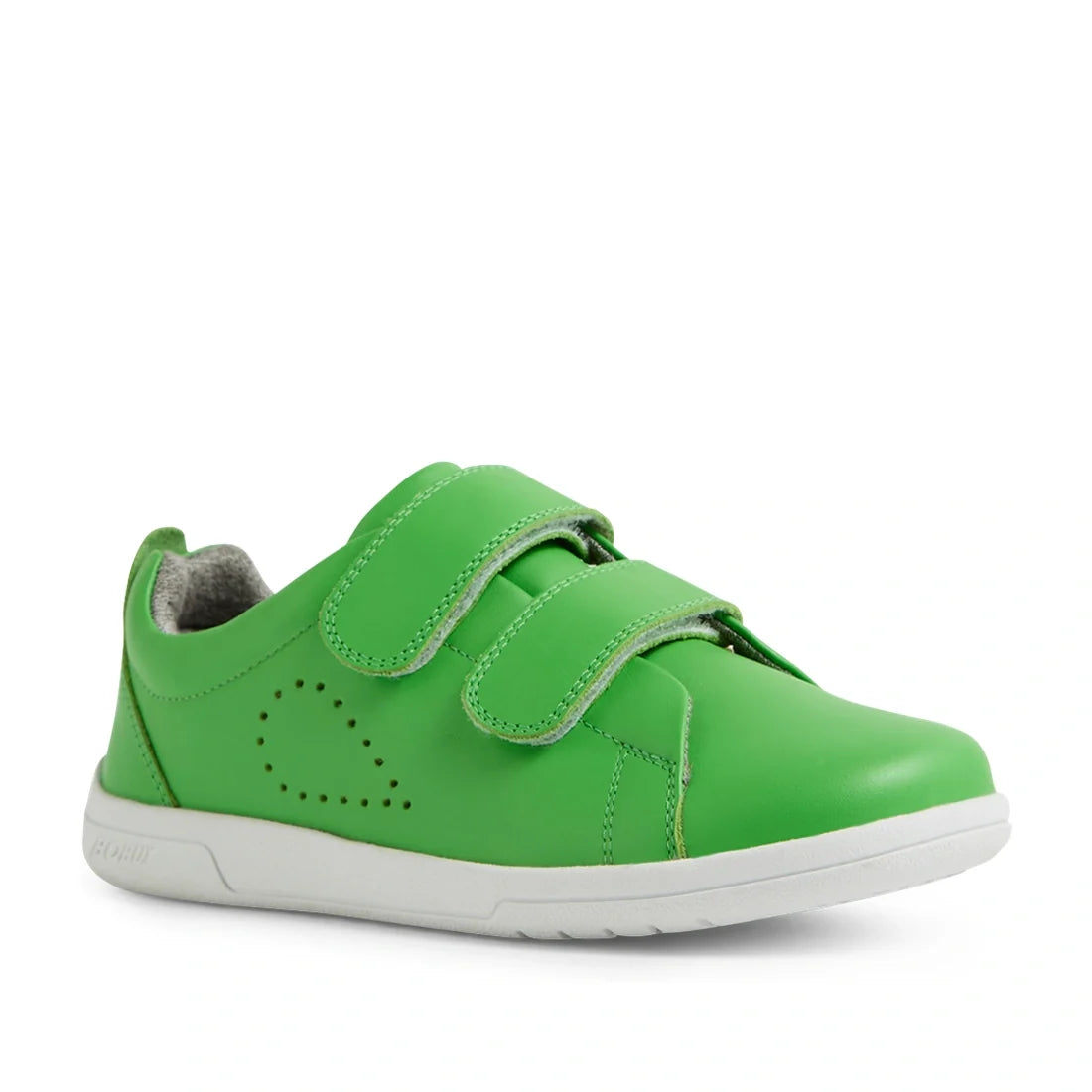 The Bobux KP Kids Plus Grass Court 2 II Leather Sneaker in Retro Green features a bright green leather upper with two Velcro straps, a white sole, and a small perforated heart detail on the side. Designed for a wide fit, this kids’ sneaker is displayed at