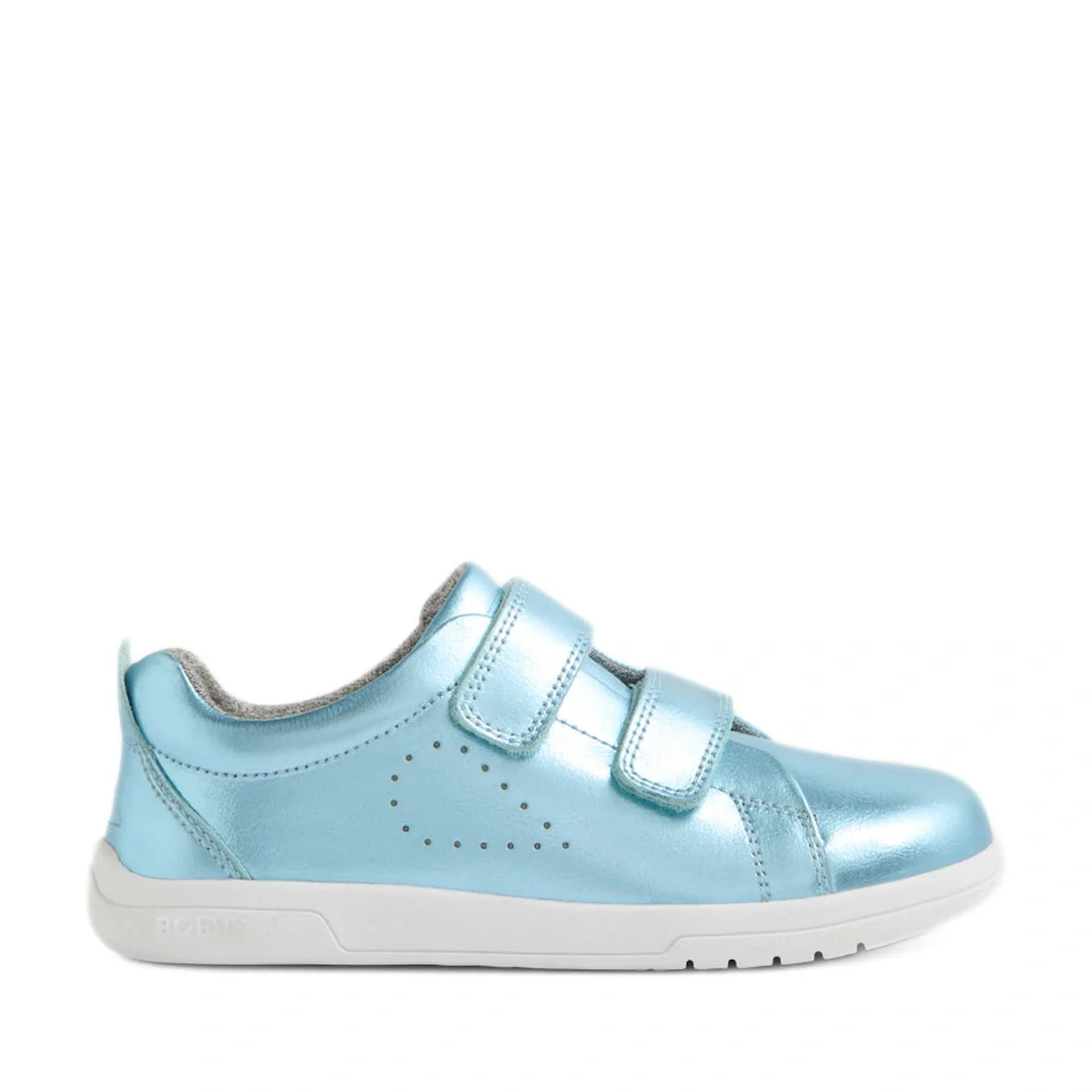 A Bobux KP Kids Plus Grass Court 2 II Leather Sneaker in Jelly Mint Metallic Blue, featuring two Velcro straps and a white sole, is shown in a side view on a plain white background., 9420074859860, 9420074859877, 9420074859884, 9420074859891, 942007485990