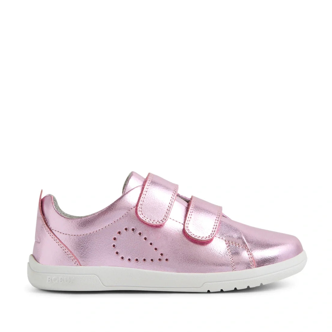 A Bobux KP Kids Plus Grass Court 2 II Leather Sneaker in Pink Metallic featuring a shiny look, two Velcro straps, a white sole, and small teardrop-shaped perforated dots on the side., 9420074859662, 9420074859679, 9420074859655, 9420074859686, 94200748596