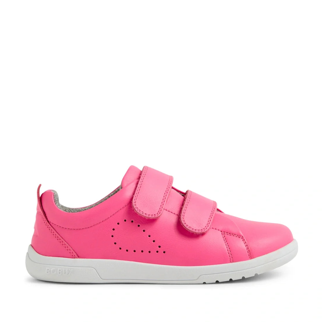 A vibrant Bobux KP Kids Plus Grass Court 2 II Leather Sneaker in Pink Lemonade, designed for children and featuring two Velcro straps, a perforated heart detail on the side, and a durable white rubber sole—ideal leather sneakers for kids who need wide fit