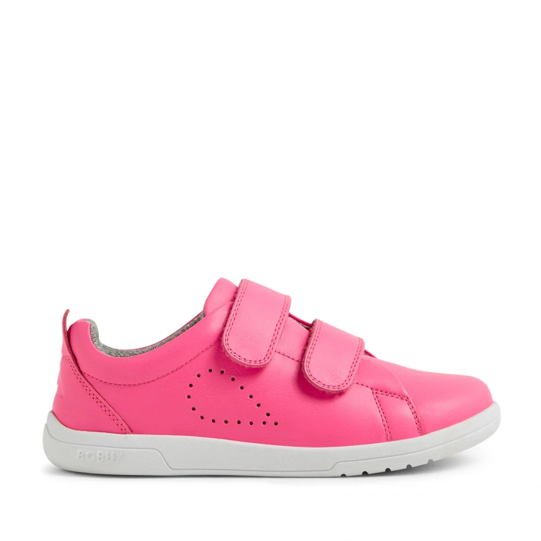 A vibrant Bobux KP Kids Plus Grass Court 2 II Leather Sneaker in Pink Lemonade, designed for children and featuring two Velcro straps, a perforated heart detail on the side, and a durable white rubber sole—ideal leather sneakers for kids who need wide fit