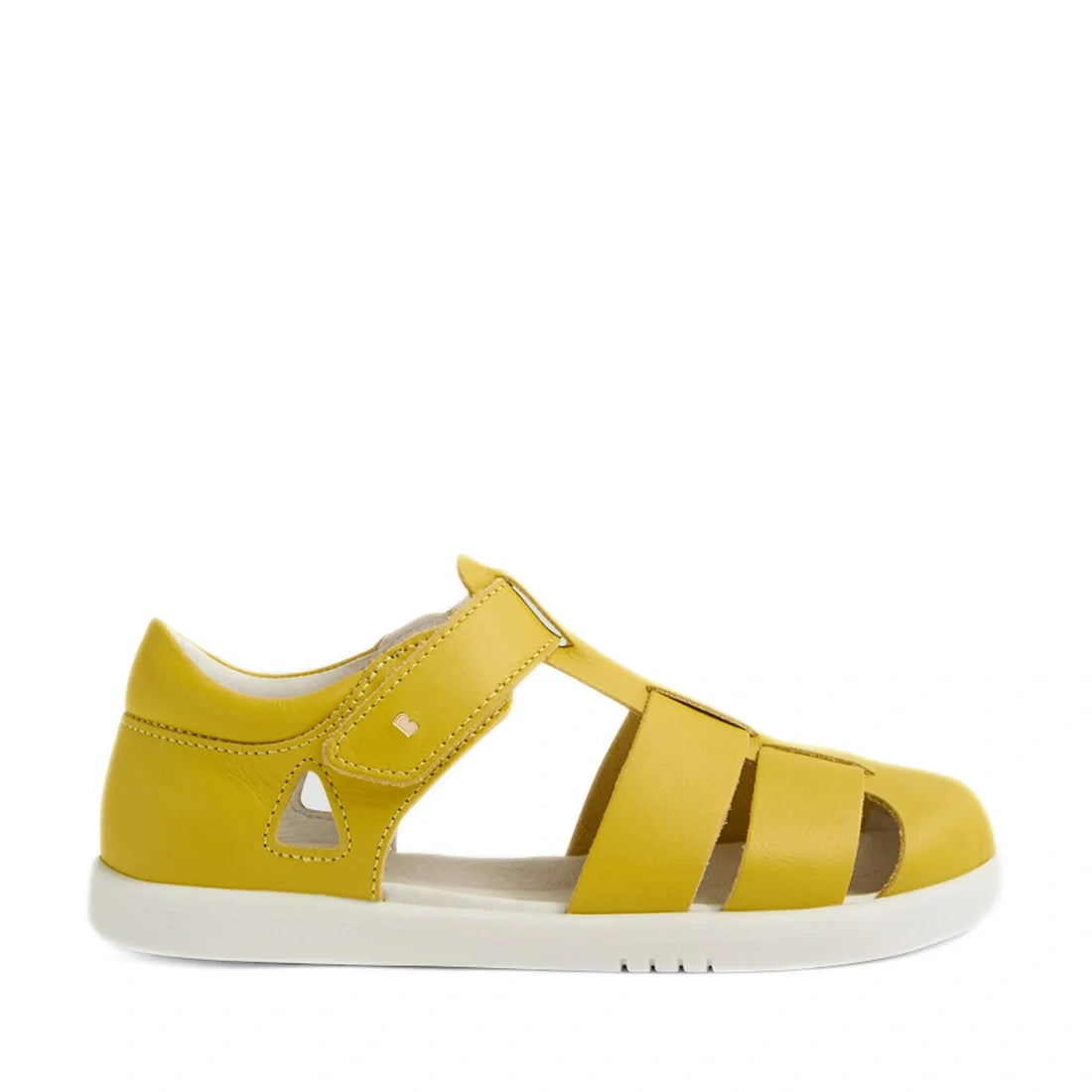 The Bobux Kid + Plus Tidal Closed Toe Quick Dry Sandal in Mango Mint is a yellow children’s sandal featuring a closed heel, velcro strap, open sides, and a white rubber sole. These closed-toe kids sandals are shown in profile against a white background.,