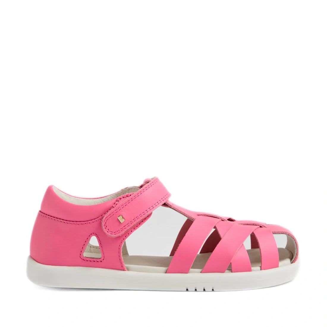 Introducing the Bobux Kids Plus KP Tropicana II Pink Lemonade Quick Dry Sandal—a pink children’s sandal with a white sole, open toe, and Velcro strap closure. Inspired by the classic Bobux Tropicana design, this sandal features crisscross straps and cut-o