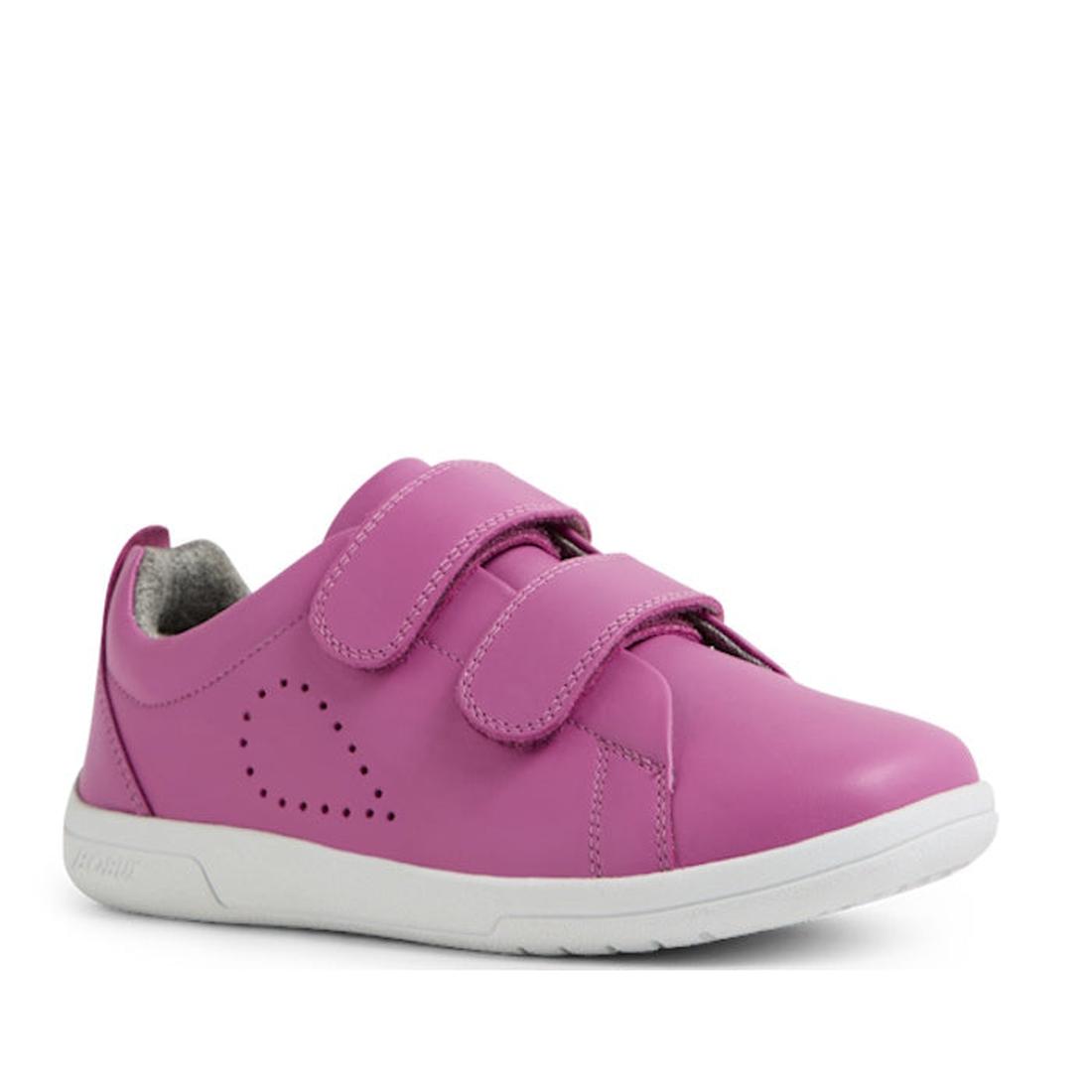 The Bobux KP Kids Plus Grass Court II Leather Sneaker in Cattleya Orchid Purple features double adjustable Velcro straps, a white sole, side perforation detail, and a comfy Bloom EVA footbed for all-day support., 9420074859372, 9420074859389, 942007485939