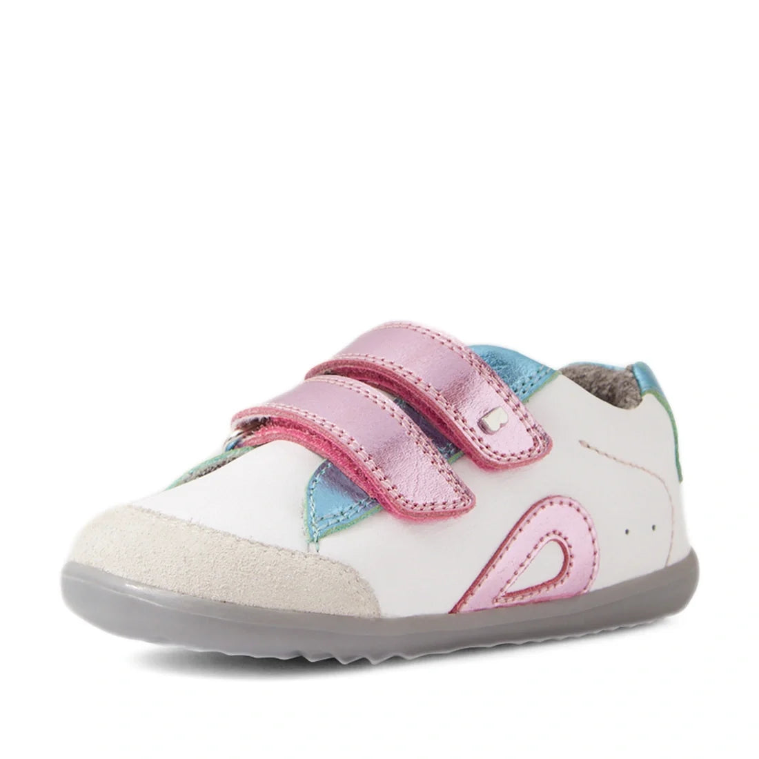 The Bobux SU Step Up Blaze Leather Toddlers Sneaker White Pink is a stylish first walking shoe for toddlers, crafted in white leather and adorned with pink velcro straps, pastel blue and green accents, a grey sole, and a playful pink decorative swirl on t
