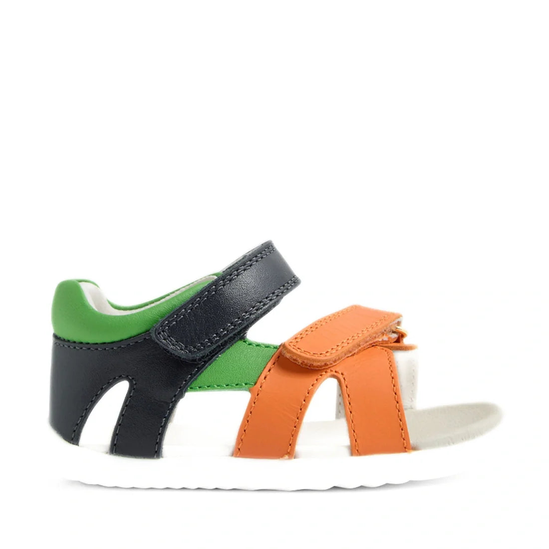 The Bobux SU Step Up Dune First Walker Open Toe Sandal in Navy is a toddler sandal featuring green, navy, and orange leather straps with Velcro closures and a white sole. Shown in a side profile on a plain white background, these adventure-ready sandals c