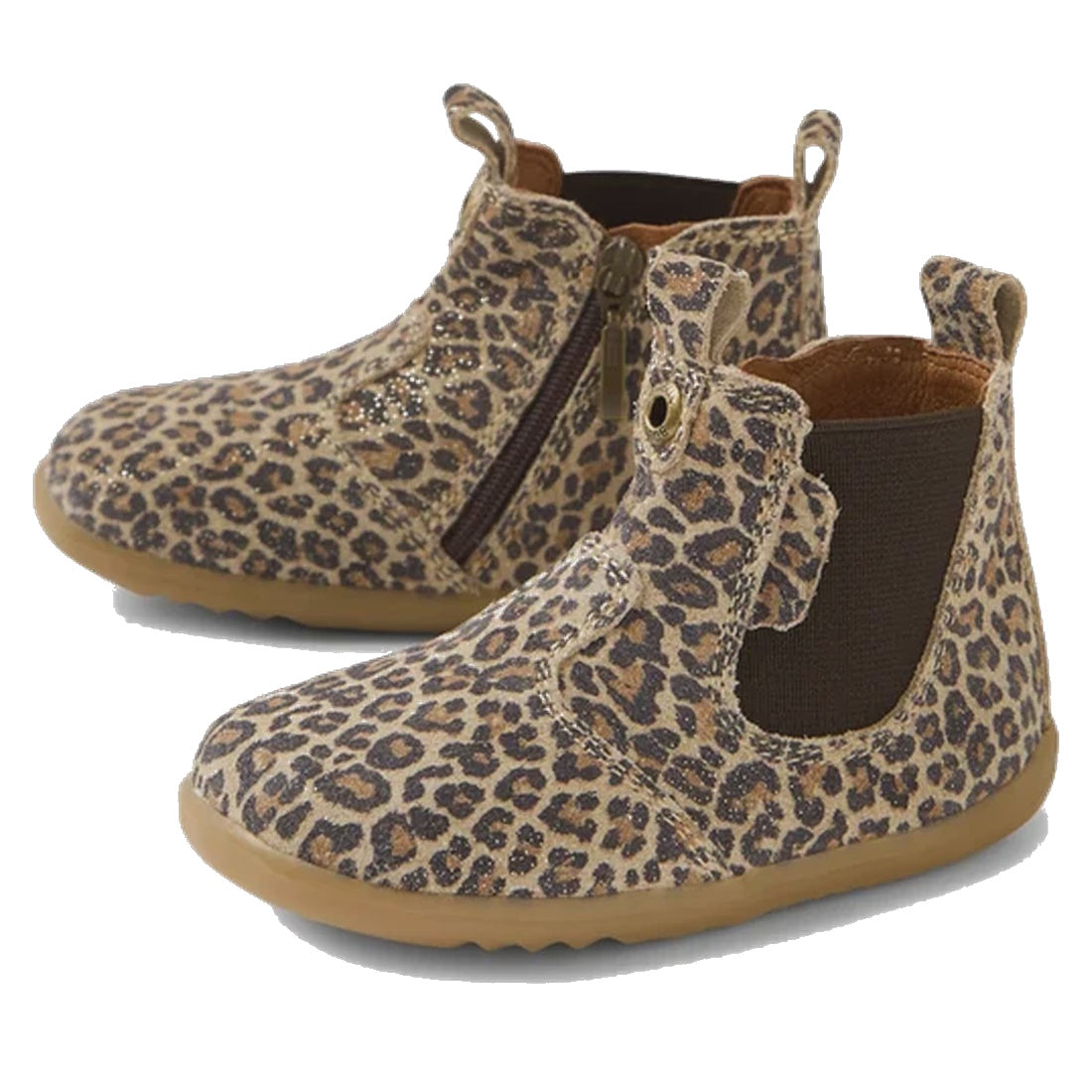 Bobux Step Up Jodhpur Boot Leopard Shimmer: cozy kids’ ankle boots in brown & black suede with side zips, tan soles, and rose gold shine. ksnz, 9420074801081, 9420074801098, 9420074801104